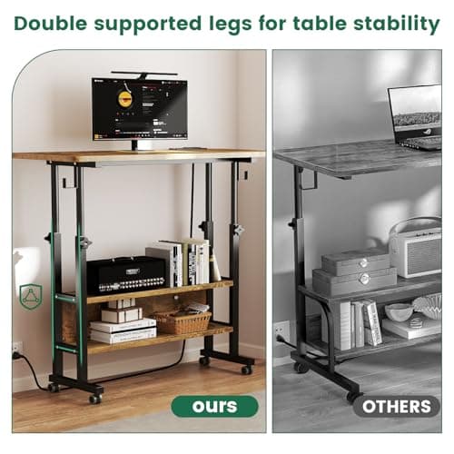 Hadulcet Small Standing Desk with Charging Station, Rolling Desk Adjustable Height, Mobile Laptop with Wheels, Portable Stand Up for Treadmill Walking Pad, 31.5 x 15.7 in, Rustic Brown 6