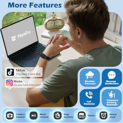 MorePro Health Fitness Tracker with Blood oxy-gen Monitor and 24/7 Heart Rate and Blood Pressure, Sleep Monitor, 120+ Sport Modes Waterproof Fitness Watch for Women Men Android iOS, Black 6