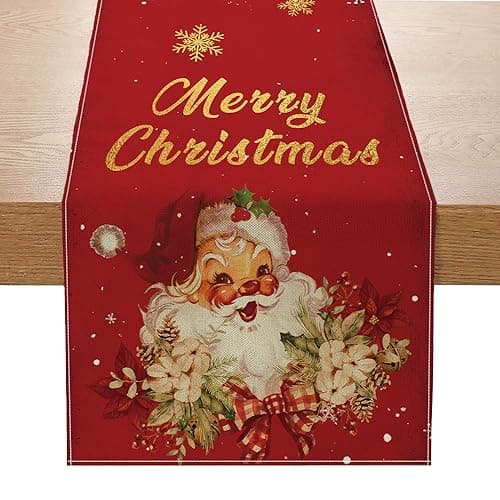 Christmas Table Runner Christmas Decorations - Red and Gold Vintage Santa Claus Merry Christmas Snowflake Winter Xmas Home Kitchen Dining Table Decor, Christmas Party Decorations 13 x 72 Inch