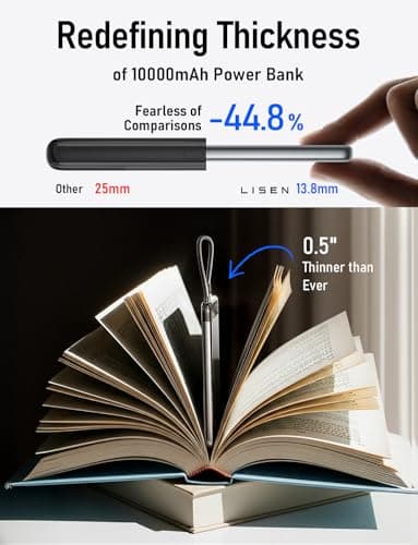 LISEN [CCC Certified][Alloy-Made] 0.5" Ultra Slim 10000mAh Power Bank, 22.5W Fast Charging with Built in USB-C Cable, Airplane Travel Essentials for iPhone 17 Air 16 15 Pro Samsung Galaxy S26 Ultra 7