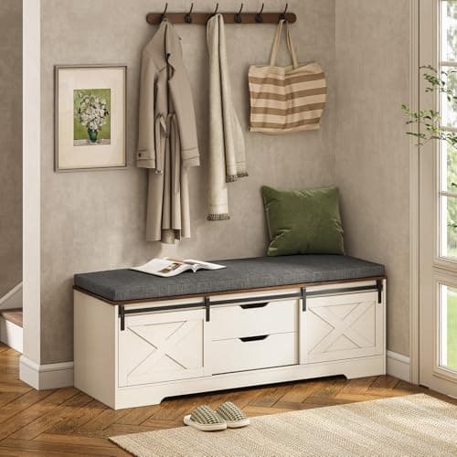 UPOSOJA 60“ Farmhouse Storage Bench with Cushion, Shoe Rack with Slide Barn Doors, Adjustable Shelf and 2 Drawer for Entry, Bedroom, Closet, Living Room, Hallway (White Brown, 60 in)