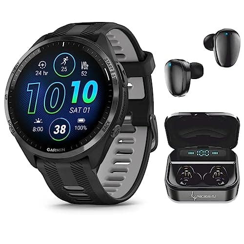 Wearable4U - Garmin Forerunner 965 Premium GPS Running and Triathlon 47mm Smartwatch with AMOLED Touchscreen Display, Carbon Gray DLC Titanium Bezel with Black Silicone Band with Black Earbuds.