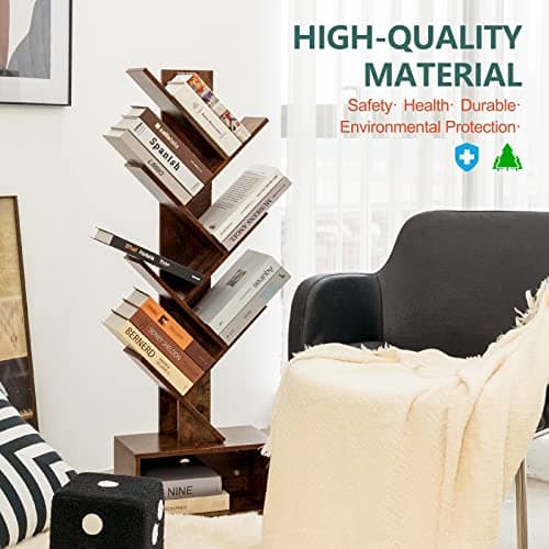 Yoobure Tree Bookshelf - 6 Shelf Retro Floor Standing Bookcase, Tall Wood Book Storage Rack for CDs/Movies/Books, Utility Book Organizer Shelves for Bedroom, Living Room, Home Office, Rustic Brown 8
