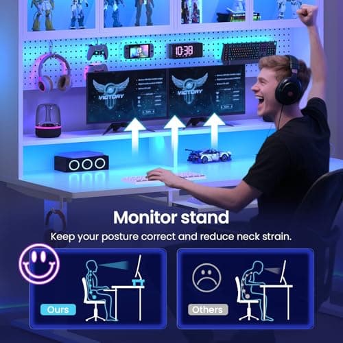 SEDETA Electric Standing Desk with Storage, Height Adjustable Gaming Desk with Hutch and Pegboard, Sit Stand Up Desk with Led Lights, Power Outlet, Monitor Shelf, Keyboard Tray for Home Office, White 7