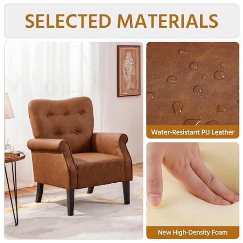 Yaheetech Modern Armchair, Mid Century PU Leather Accent Chair with Sturdy Wood Legs and High Back for Small Space, Upholstered Sofa Club Chair for Living Room/Bedroom/Office, Retro Brown 6