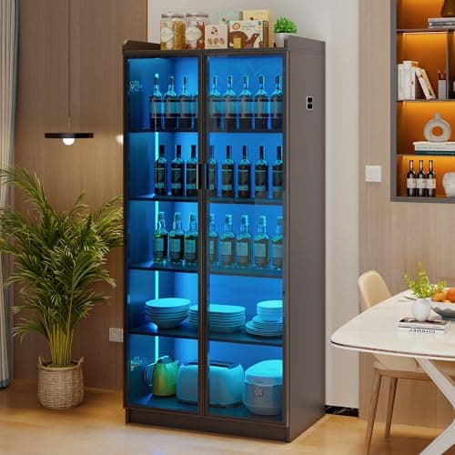 Lvifur 5 Tier Display Cabinet for Living Room, LED Bookcase with Human Body Induction Lights, 65” Tall Curio Cabinets with Adjustable Shelves for Office (Black) 8