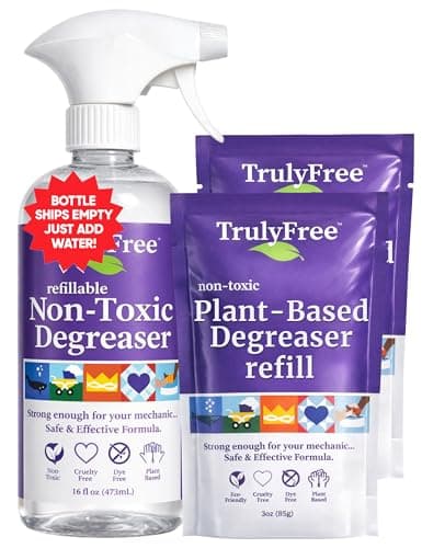 Truly Free Heavy Duty Degreaser - Grease Remover & Grime Cleaner for Kitchen, Automotive & More, Household Cleaning Supplies, Fragrance-Free, Includes 16 oz Reusable Empty Bottle + Two Fills, 3 oz ea.