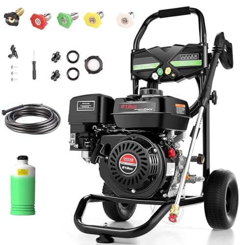 4200PSI Gas Pressure Washer, 2.8GPM Commercial Power Washer Gas Powered, 212cc 7.0 HP Engine,Includes 0.7L Soap Tank,5 QC Nozzles,25’ Hose,Car Wash Machine/Car/Driveway, EPA/CARB/ETLCompliant (Black)