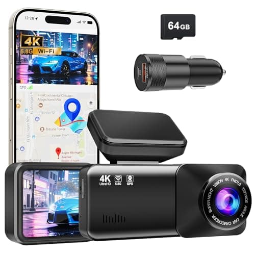4K Dash Cam Front, Built-in 5.8G WiFi, Free 64GB Card & 48W A+C Car Charger Included, Dash Camera for Cars, Mini Dashcam with Super Night Vision, Loop Recording, G-Sensor, 24 Hours Parking Monitor