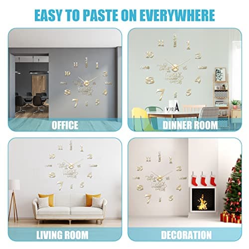Junkin 3D Large Frameless DIY Wall Clock Modern Decor Family Quote Wall Stickers Clock Kit for Home Living Room Bedroom Office Decorations Adjustable Size(Gold) 6