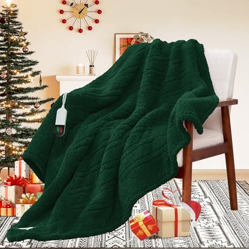 MAXEVE Heated Blanket Electric Throw 50"x60" Soft Double Sided Sherpa Heating Blanket with 8 Fast Heating Levels & 1-8H Auto-Off,Over-Heat Protection,Machine Washable,ETL Certification, Green