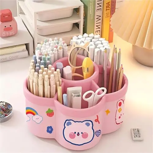 aiyawen Pen Holder for Desk, 360°Rotating Pencil Pen Holder,Pen Organizer with 6 Slots, Large-capacity Desk Organizer,Office, School, Home Use (Pink)