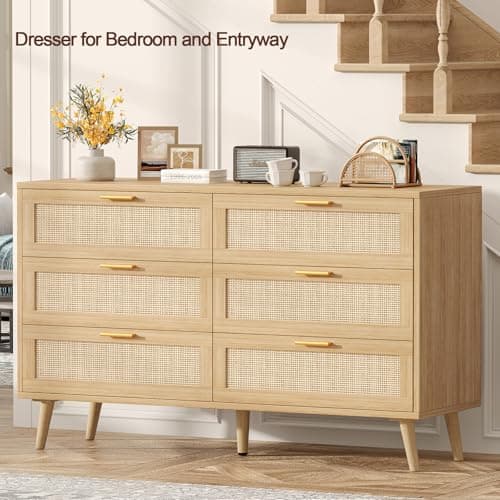 Rovaurx Rattan 6 Drawer Double Dresser for Bedroom, 47.2" Wide Boho Chest of Drawers, Modern Wooden Dresser Chest with Golden Handles, Beside Table for Closet, Living Room and Entryway, Natural Oak 8