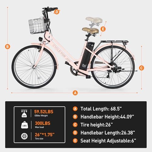 LUXECYCLES 26" Electric Bike,1000W Peak City Cruiser Ebikes,20MPH 70Miles Step Thru Electric Bicycle with 48V Removable Battery,Detachable Foldable Basket,Rear Rack(SGS & UL2849) Pink 9