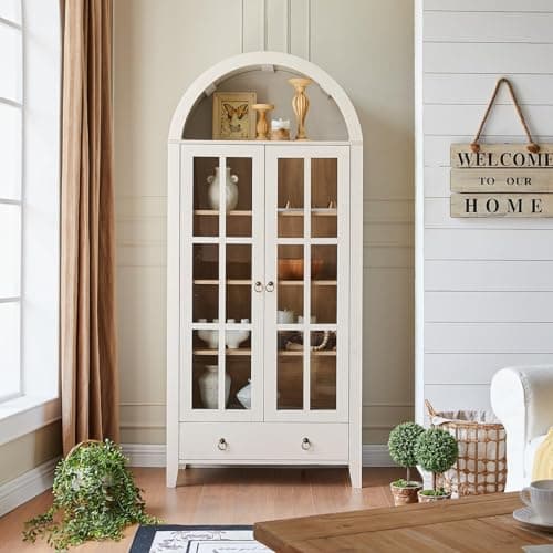 RowyPoey Farmhouse Arched Cabinet with Glass Doors, Wood Display Cabinet with Drawer and Adjustable Shelves, 71” Tall Bookshelf Modern Storage Kitchen Pantry for Living Room,Office (Antique White)