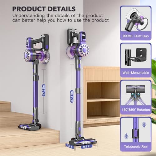 WLOTPO Cordless Vacuum Cleaners for Home with Powerful Suction,Stick Vacuum Cordless Rechargeable,Up to 35 Mins Runtime,Lightweight Hardwood Floor Vacuum for Pet Hair,Carpet(Deep Purple) 6