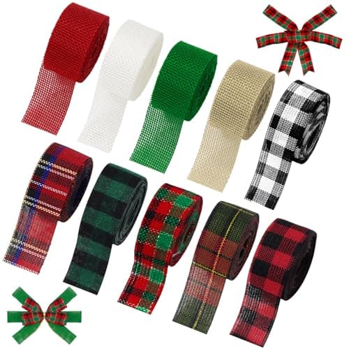 Whaline 10 Rolls 50 Yards Christmas Burlap Ribbon Rolls 1 Inch Wired Plaid Wrapping Ribbons Xmas Decorative Ribbon for Wreath Bow Gift Decor