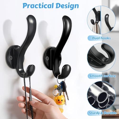 PEOIAOY 6 Pack Coat Hooks Wall Mount Heavy Duty Utility Retro Double Hooks for Hanging Coats,Hat, Towel, Key, Robe, Scarf, Bag, Cap (Black) 8