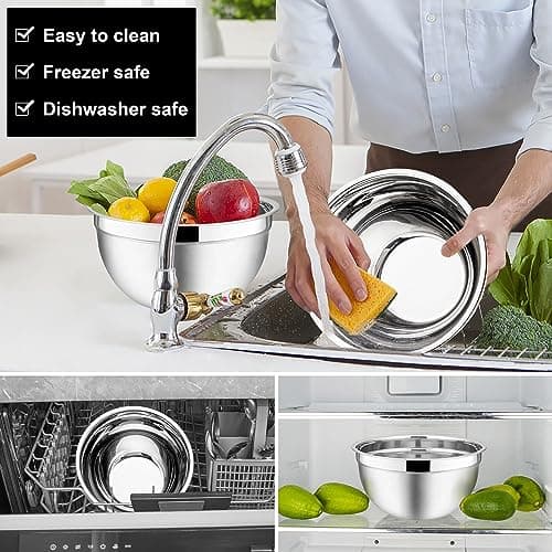 E-far Mixing Bowls with Lids, 6-Piece Stainless Steel Salad Bowls Metal Nesting Bowls for Baking Cooking and Prepping, Airtight Lids & Stackable Design, Size 4.5, 3, 1.5 QT (Black) 6