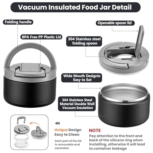 Bento Lunch Box with 8oz Soup Thermo,Kids Leakproof 4 Compartment Lunch Food Containers with Sauce Cup and Ice Pack,Kids Thermo Insulated Hot Food Jar and Lunch Bag for School,Trvael-Black 5