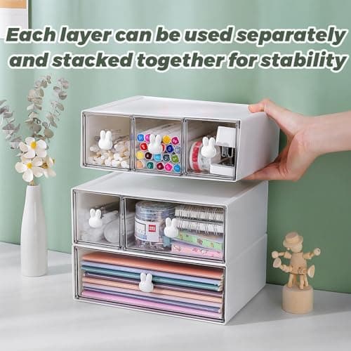 Plastic Desk Organizer with Drawers,Desktop Organizer Drawers Storage,3 Tier Drawer Organizer with 6 Drawers,Stackable Storage Drawers for Office （H 6.5in） 5