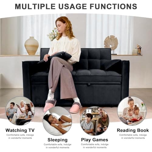 SumKea 55.2'' Pull 2-Seater Sleeper Loveseat, 3-in-1 Reclining Sofa Bed, Futon Adjustable Backrest with Pillows, Pockets, Couch for Living Room Apartment Lounge, Black 5