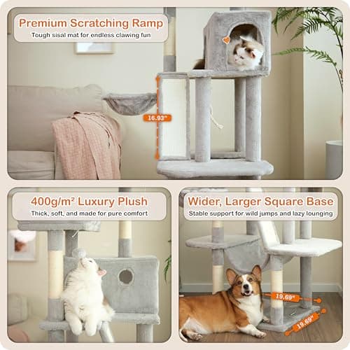 Ouritsu Cat Tree, 61 inch Tall Cat Tower for Large Cat Indoor, Enlarged Condo, 2 Padded Perches with 1 Widened, Large Hammock, Scratching Post and ramp, Fluffy Basket, Light Gray, LF002GA 5