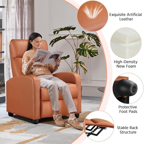 Yaheetech Recliner Chair PU Leather Recliner Sofa Home Theater Seating with Lumbar Support Overstuffed High-Density Sponge Push Tan Recliners 7