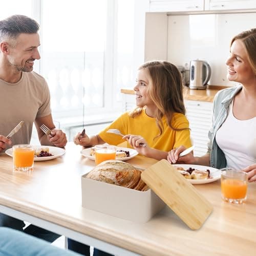 ZICOTO Beautiful Bread Box With Wooden Lid For Your Kitchen Countertop - Spacious Container Perfectly Stores Your Homemade Bread, English Muffins & Bagels - Quality Cutting Board Lid Keeps Loaf Fresh 8