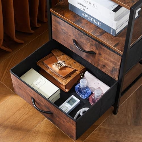 Nightstand with Charging Station Side End Table with USB Ports and Outlets Bedroom with Fabric Drawers with Open Shelf Modern Brown and Black 5