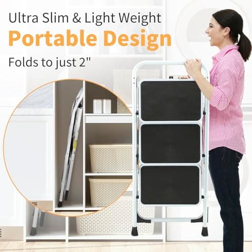 Winado 3 Step Ladder, Folding Step Stool with Wide Anti-Slip Pedal, Lightweight Convenient Handgrip Sturdy Steel Ladder, Portable Steel Step Stool 330 LB Capacity 4