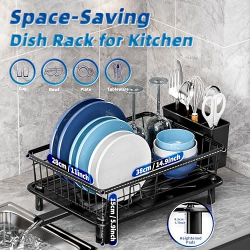Dish Drying Rack, Stainless Steel-Dish Rack, Dish Racks for Kitchen Counter, Kitchen Dish Drainers with Removable Utensil Holder,New drain outlet,Plate Rack and Drainboard,(Black-11" W x 15" L) 5