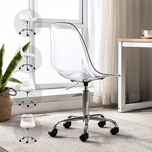Villeston Acrylic Clear Desk Chair, Modern Small Cute Armless Vanity Rolling Plastic Chair Home Office Lucite Ghost Chairs with Adjustable Height and Wheels, Clear 5