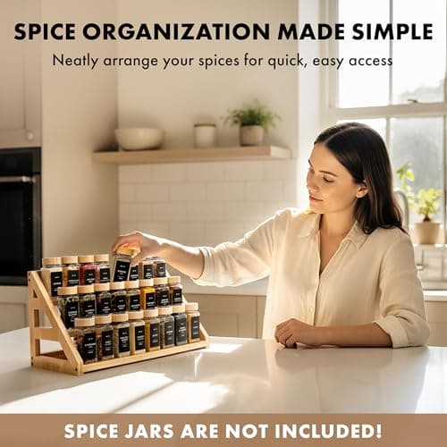 EDELHAUS 3 Tier Bamboo Spice Rack Organizer for Cabinet – Fits 24 Spice Jars, 17.5” Wide Countertop & Cabinet Organizer for Kitchen Organization, Seasoning Organizer Shelf (Jars Not Included) 3