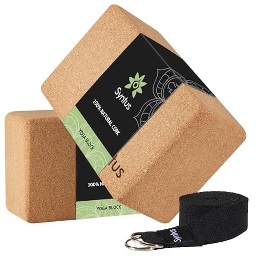 Syntus Yoga Block and Strap Set, 2 Natural Cork Soft Non-Slip Blocks 9×6×4 inches, 8FT Metal D-Ring Strap for Yoga, General Fitness, Pilates, Stretching and Toning