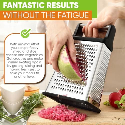 Spring Chef Professional Cheese Grater - Stainless Steel, XL Size, 4 Sides - Perfect Box Grater for Parmesan Cheese, Vegetables, Ginger - Dishwasher Safe - Black 7