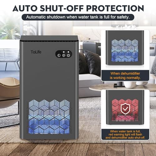 ToLife Dehumidifier for Home 95 OZ Water Tank, 1000 sq.ft Dehumidifiers for Basement Bedroom Bathroom with Auto Shut Off 7 Colors LED Light, Grey 6