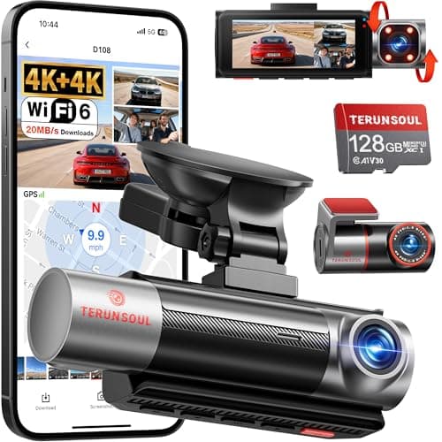 TERUNSOUl 4K+4K+1080P Dash Cam Front and Rear with Cabin, Free 128GB Card Included, WiFi 6 - up to 20MB/s, IR Night Vision, Built-in GPS, G-Sensor, 170°Wide Angle, 24H Parking Mode, Support 512GB Max