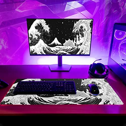 Black and White Japanese Wave Dragon Gaming Mouse Pad - Abstract Mat with Non-Slip Rubber Base, 31.5x11.8 Inch, Stitched Edges - Desk Pad for Office and Home 6