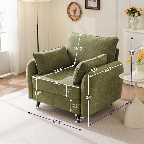 Rexulqo Oversized Accent Chair with All Seats Storage,Comfy Living Room Chairs with 2 Throw Pillow,Upholstered Mid-Century Armchair,24.5'' Deep Seat,Reading Chair for Bedroom,Office,Chenille,Green 7