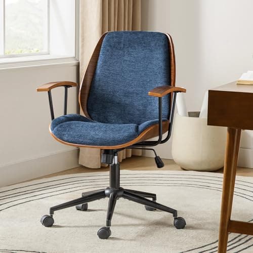 HULALA HOME Solid Wood Office Chair with Rocking Function, Comfy Fabric Desk Chair with Bent Wood and Metal Base, Height Adjustable Swivel Computer Task Chair, Navy
