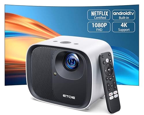 ETOE 4K Android TV 10.0 Projector, 1080P FHD Smart Projector with Auto Focus, Auto Keystone, 600 ANSI Lumens, Dual 10W Speakers, Netflix-Certified, 5.1G WiFi Bluetooth, Movie Projector with Bag-White