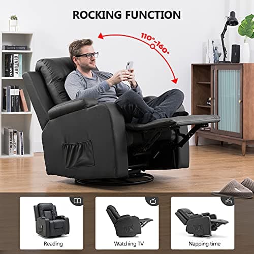 COMHOMA Leather Recliner Chair Rocker with Heated Massage Ergonomic Lounge 360 Degree Swivel Single Sofa Seat Drink Holders Living Room Chair Black 5