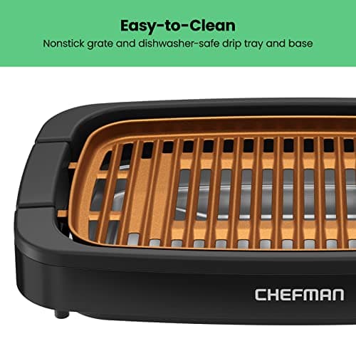 Chefman Smokeless Indoor Electric Grill, Copper, Extra Large, Nonstick Table Top Grill for Indoor Grilling and BBQ with Adjustable Temperature Control, Nonstick Dishwasher-Safe Parts, 9" x 15" 6