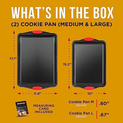 2 Piece Set Nonstick Carbon Steel Oven Bakeware -Professional Quality Kitchen Cooking Baking Trays -PFOA, PFOS, PTFE-Free Small & MediumBaking Sheet Pans with Red Silicone Handles 6
