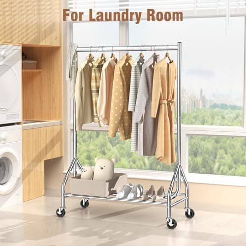 EAGMAK Heavy Duty Clothes Rack Load 420 LBS, Rolling Garment Rack with Lockable Wheels, Standing Metal Clothing Rack with Shelves, Portable Wardrobe Sturdy Coat Rack for Hanging Clothes (Silver) 6