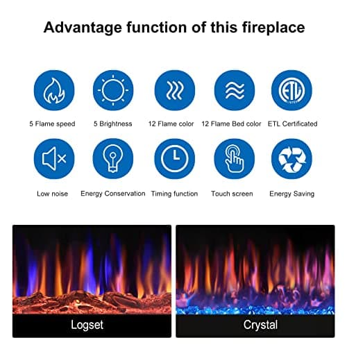Home4me 36" Electric Fireplace, Wall Mounted and Recessed Fireplace Heater, 750/1500W Freestanding Electric Fireplaces, Adjustable Flame Color, Touch Screen, Timer, Low Noise 5