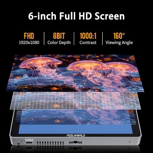 FEELWORLD P6XL 6 Inch Camera Monitor, 1200nit IPS Touch Screen 1920x1080 Built-in 3000mAh Battery Camera Field Monitor with Sunshade, Video Assist HDR Waveform Focus Peaking 3D LUT 4K HDMI 7
