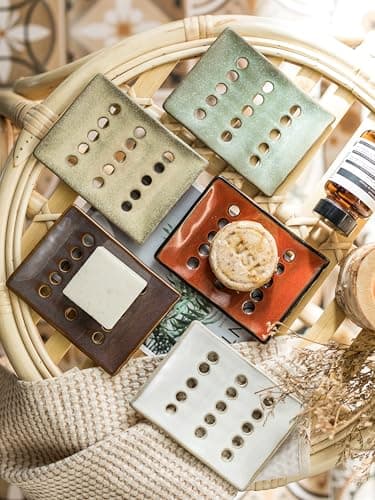 Cormomu Ceramic Soap Dish with Self Drain for Shower, Bar Soap Holder to Lift and Keep Dry, Concave Design to Prevent Slipping, Suitable for Kitchen and Bathroom, Green 7