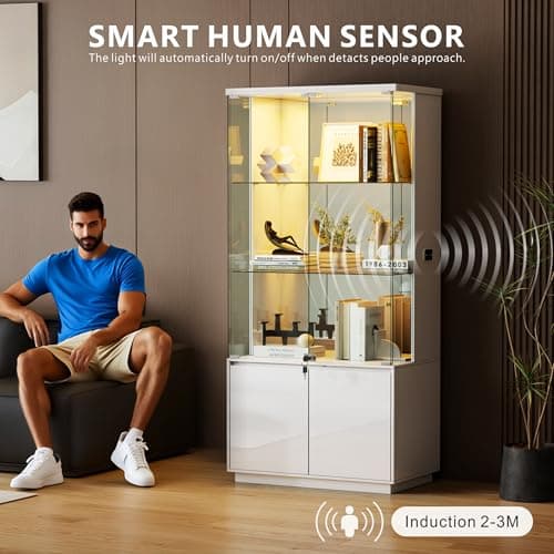 Lvifur 71” Glass Display Cabinet with Lights, Modern Curio Cabinet Display Cases for Collectibles, Locking Cabinet with Shelves & Drawers, Tall Bookcase with Human Body Sensor for Living Room (White) 5